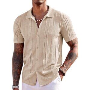 Men's Knit Shirts Short Sleeve Button Down Polo Shirt Fashion Casual
